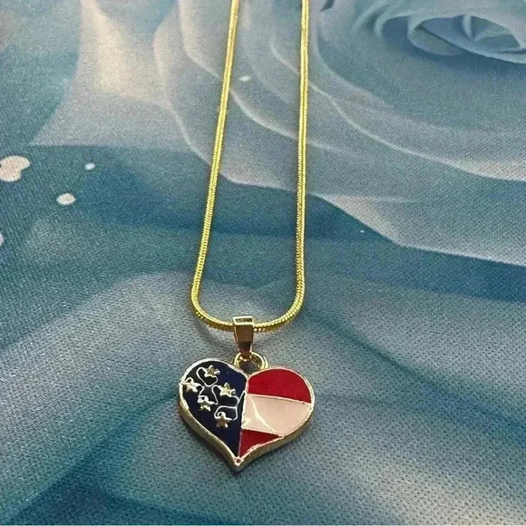 Handmade 18” Gold Red White & Blue Heart Necklace with Gold 1.2mm Snake Chain - Picture 8 of 9